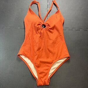 Kona Sol Womens Ribbed One-Piece Swimsuit Rust Orange Large Knot Front Adjustabl